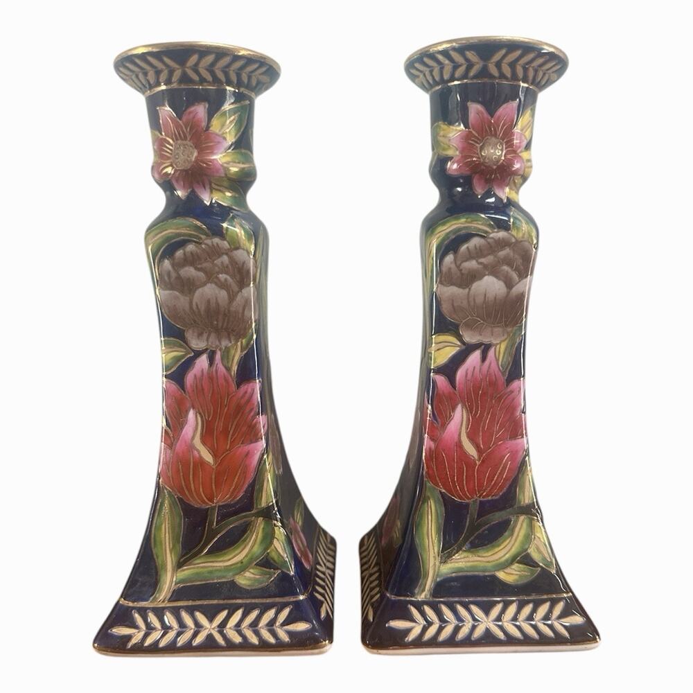 Ganz Bella Casa Blue Floral Candle Holders Gold Trim Chinoiserie Style TWO Lotus